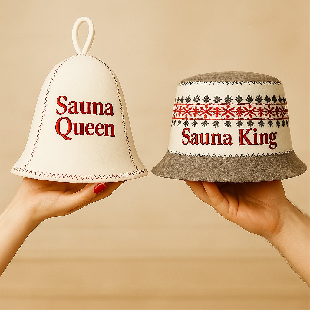 Saunahüte aus Filz mit Stickerei – Sauna Queen und Sauna King, gehalten in Händen
