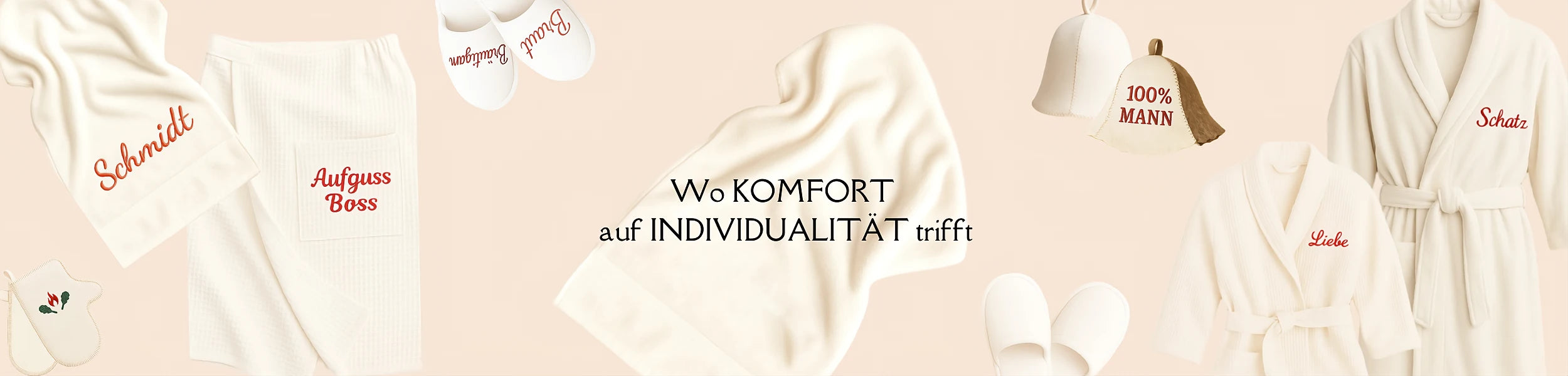 Wo Komfort auf Individualität trifft – Sauna- und Wellness-Produkte mit Stickerei: Aufguss Boss, Braut, 100% Mann, Liebe